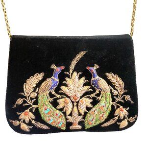 Vintage Zardozi Black Velvet Bag Clutch Gold Embroidery Double Peacock Design In